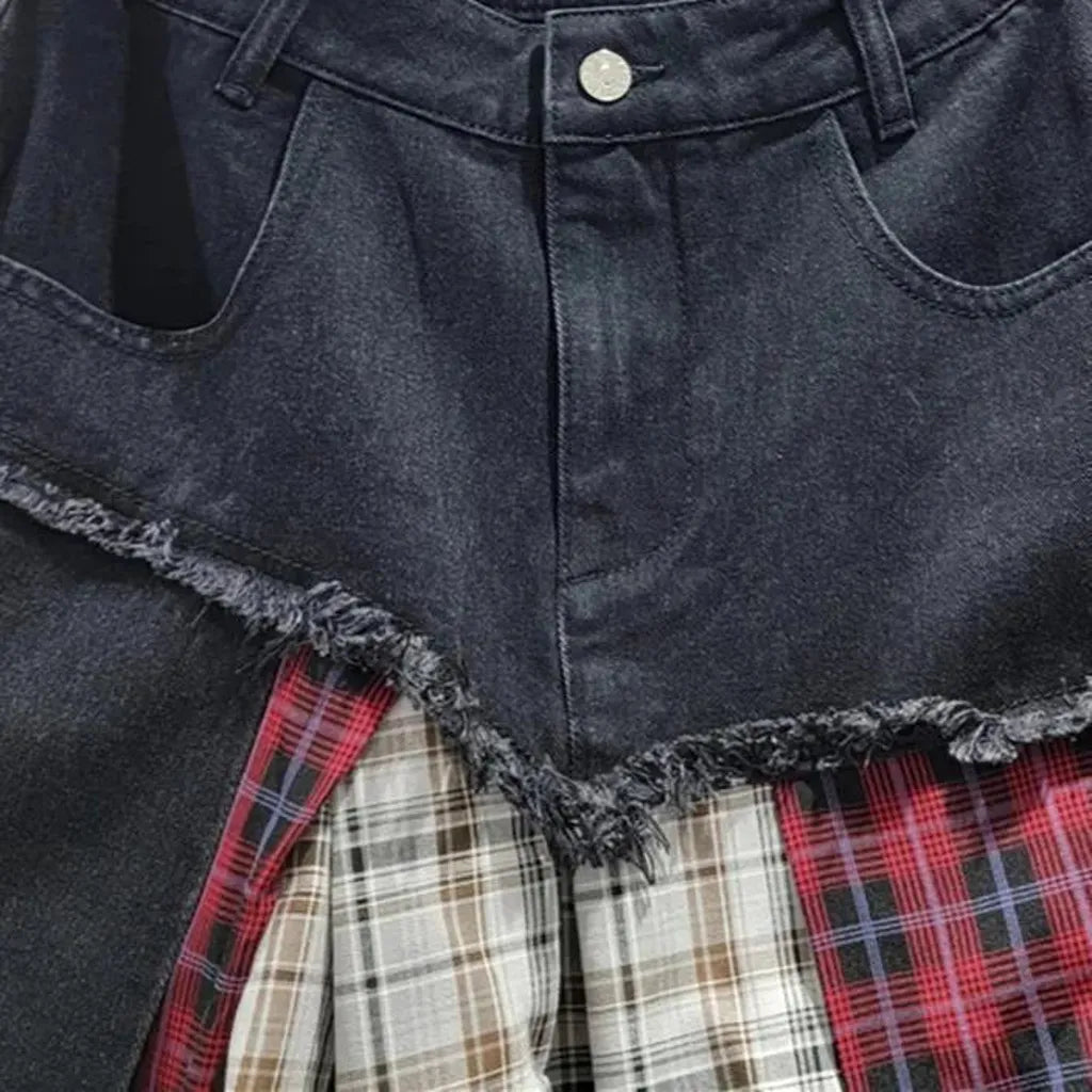 Mid-waist mixed-fabrics jean skort