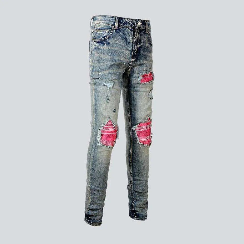 Pink patchwork knees men's jeans