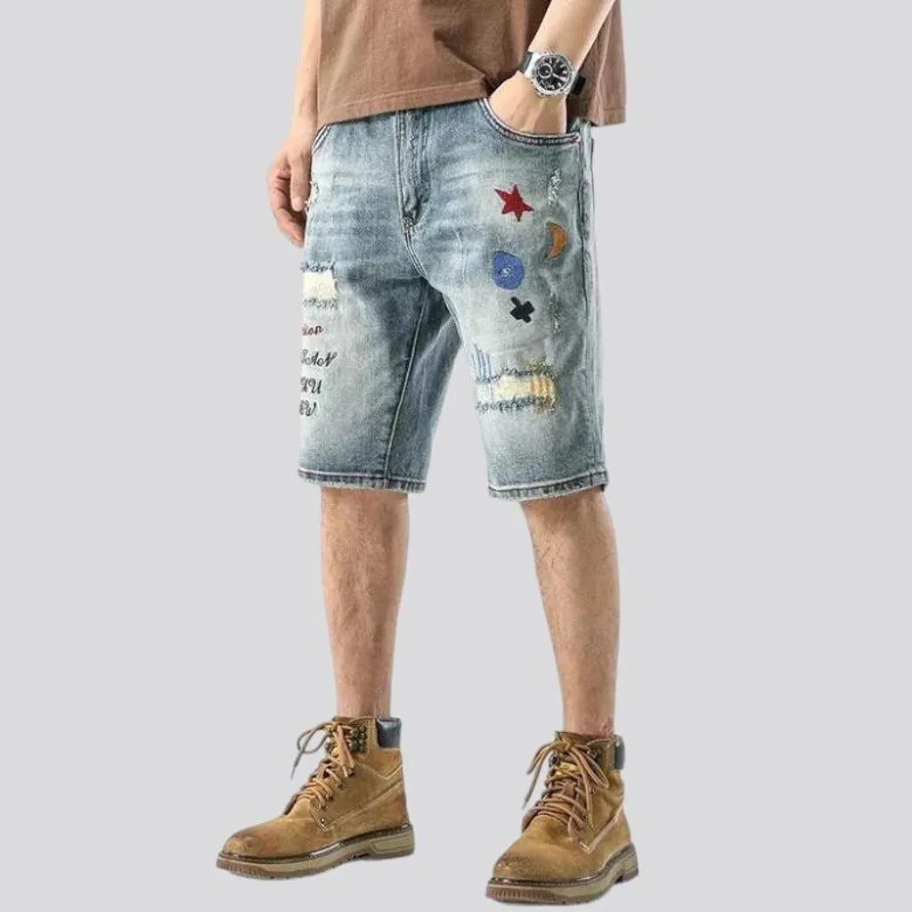 Embroidered whiskered jeans shorts
 for men