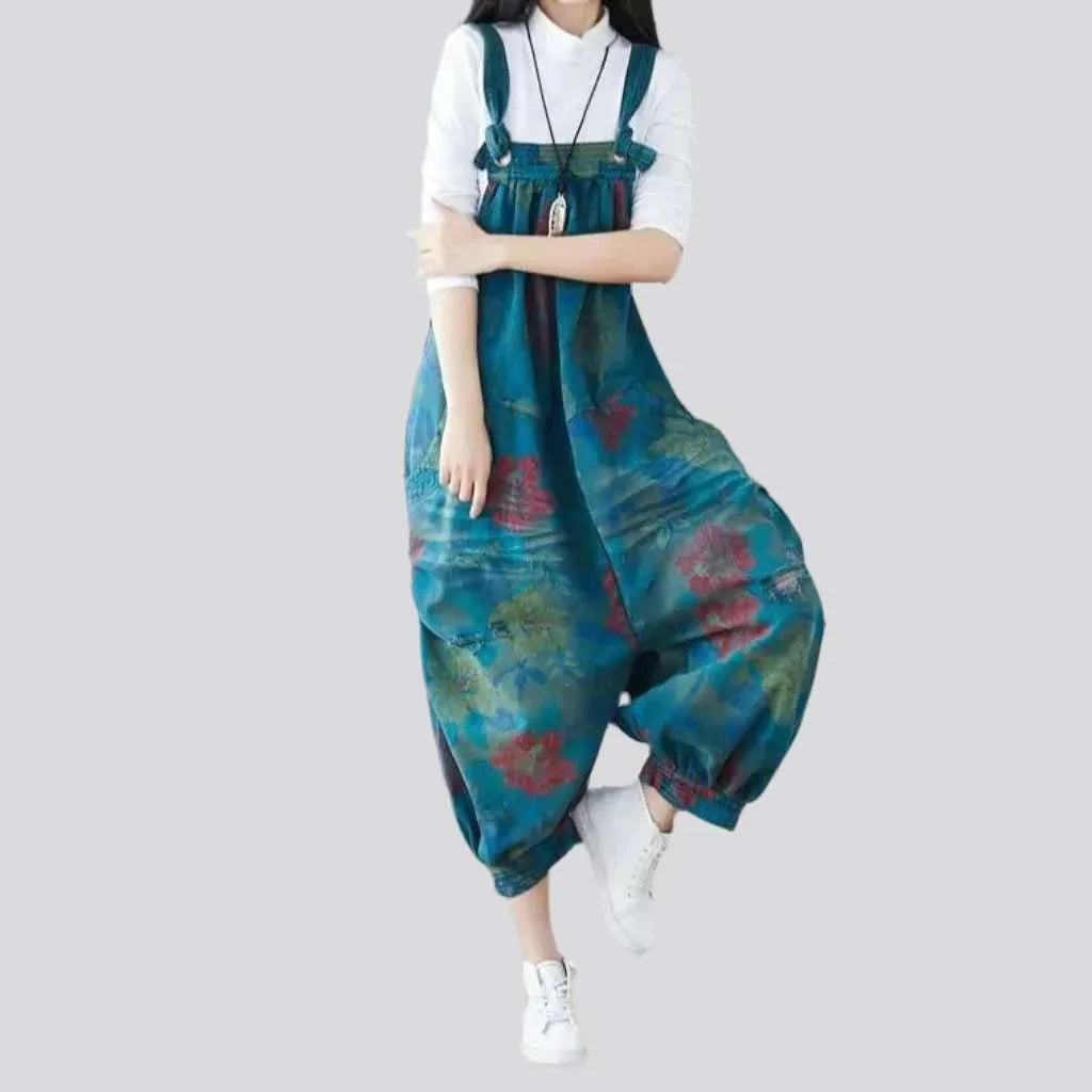 Flower print color denim jumpsuit
 for women