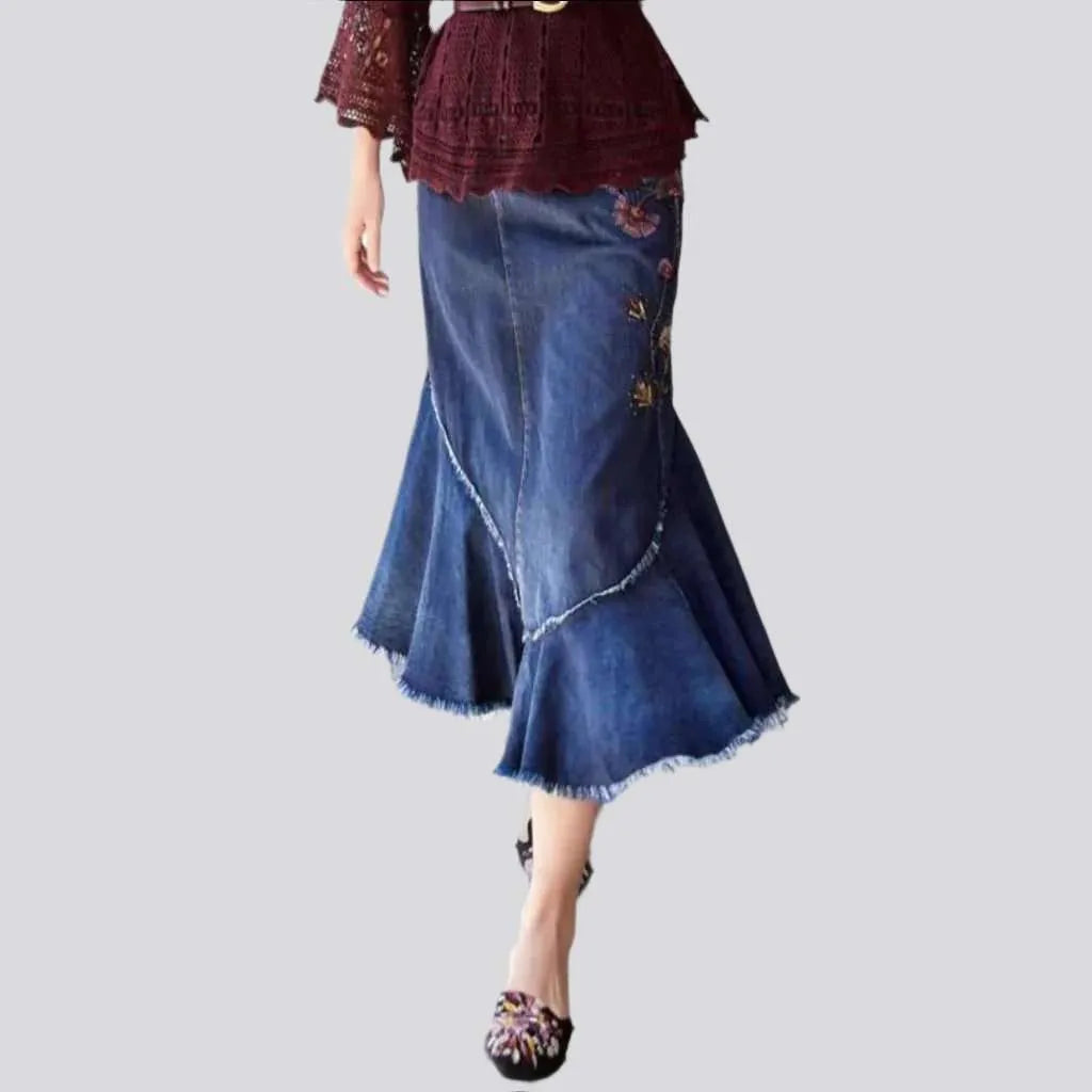 Flower embroidery denim skirt
 for women