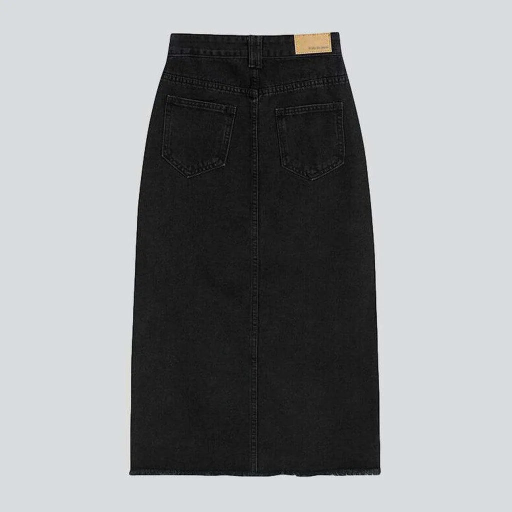 Black slit long denim skirt