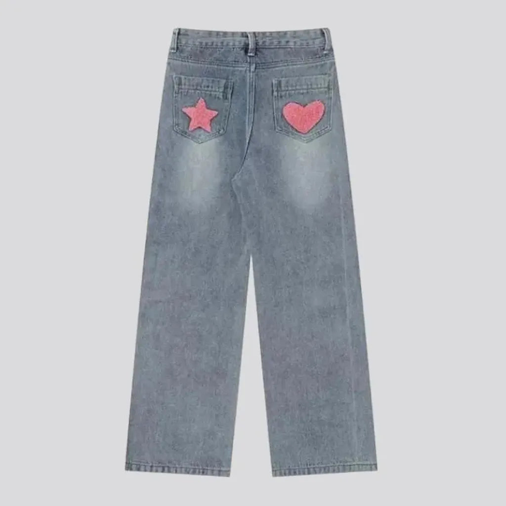 Y2k pink-embroidery jeans
 for women