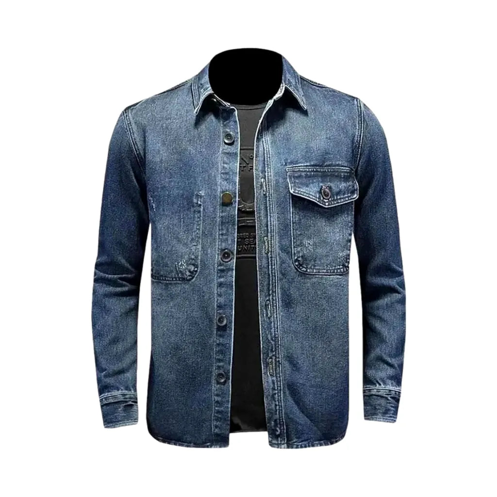 Stonewashed Vintage Style Men's Denim Shirt - Blue