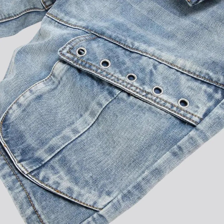 Boho style light wash men's denim shorts