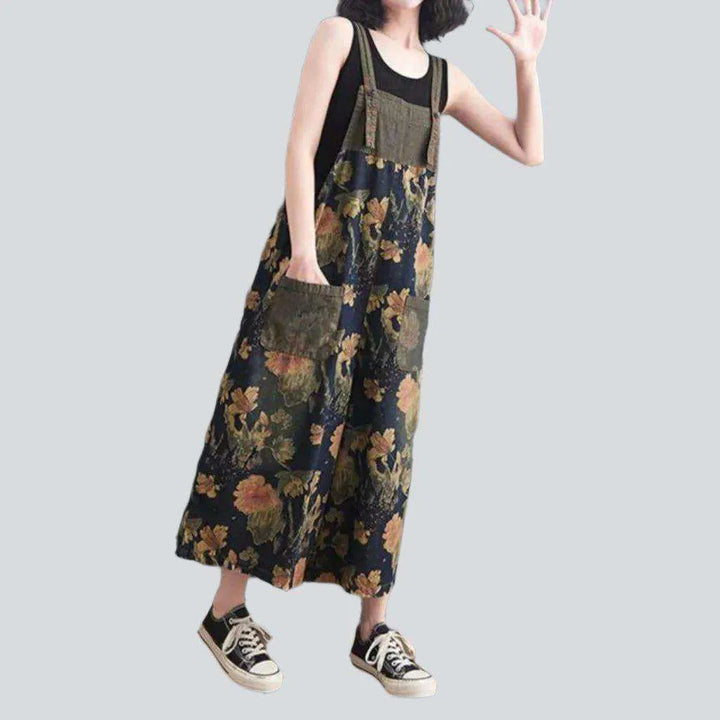 Wide-leg flowery women's denim jumpsuit