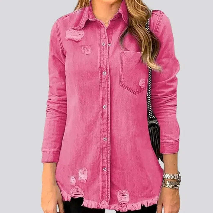 Color frayed-hem women's jeans shirt