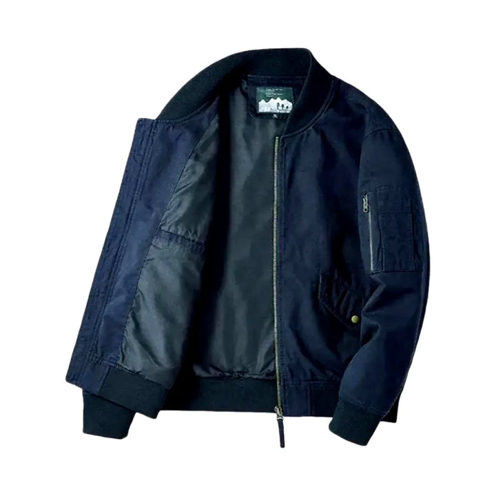 Rubber Hem Casual Men's Jean Bomber Jacket - Dark Blue