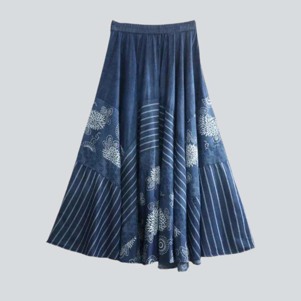 Bohemian flared long denim skirt