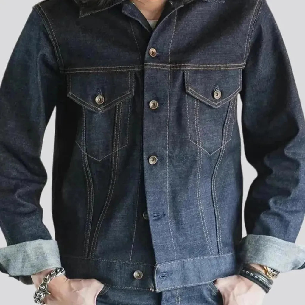 Casual dark wash duty denim trucker jacket for men