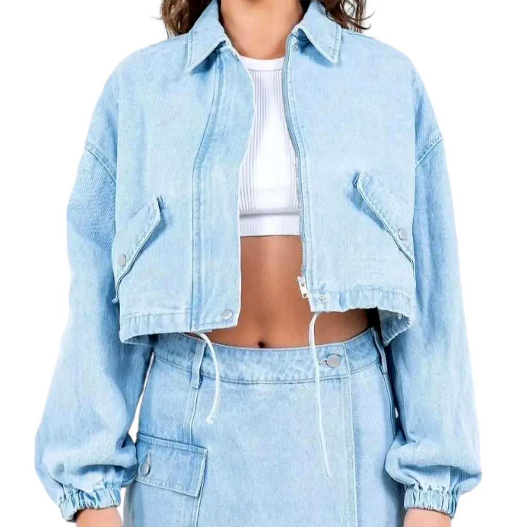 Effortlessly Chic Cropped Denim Jacket for Women - Light Blue