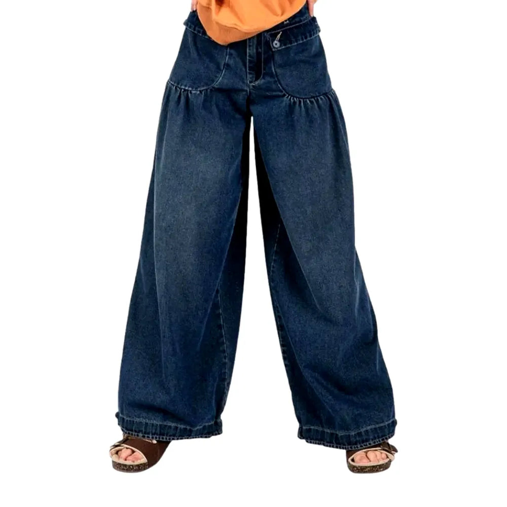 Comfortable Mid Rise Baggy Jeans for Ladies - Dark Blue