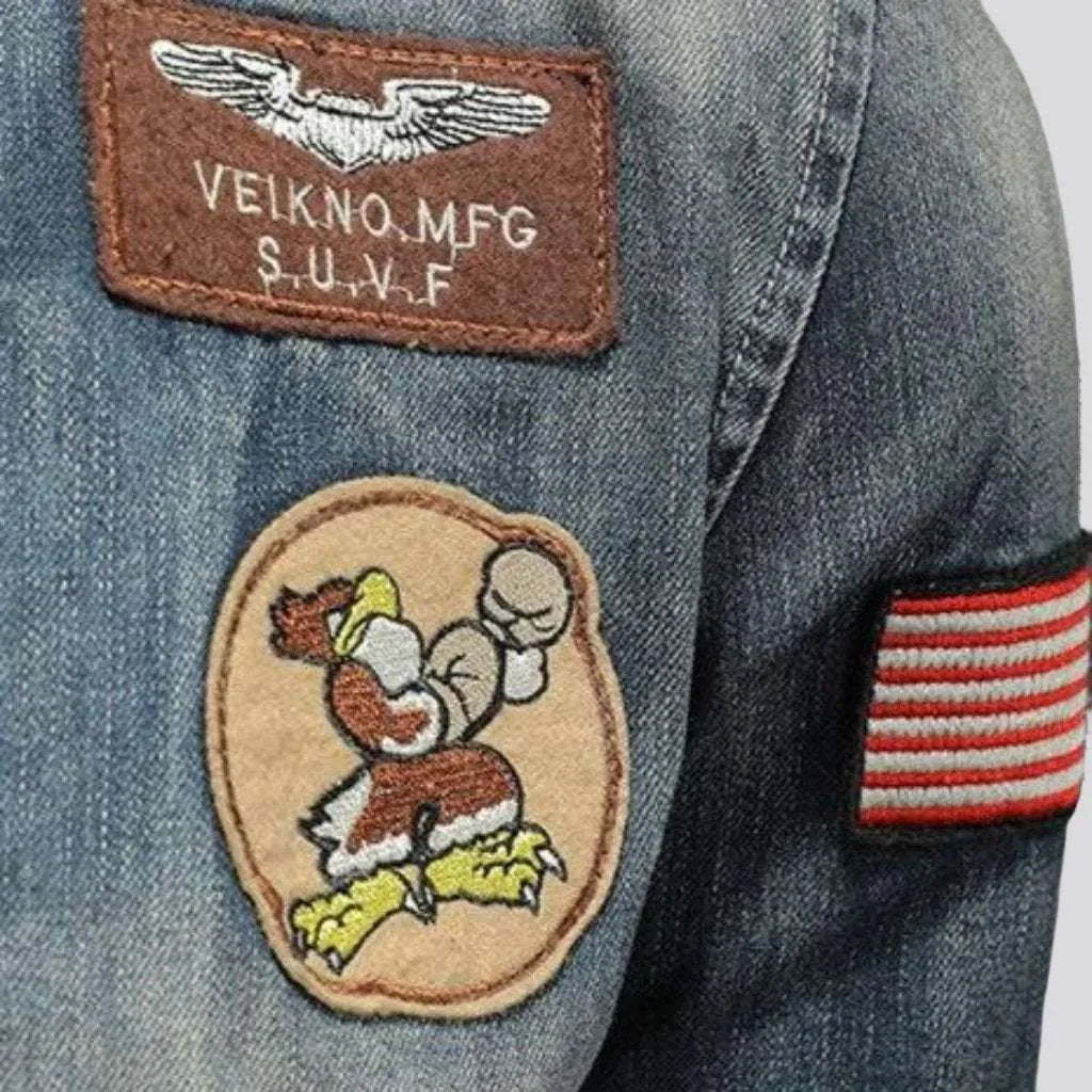 Vintage bomber patched denim jacket