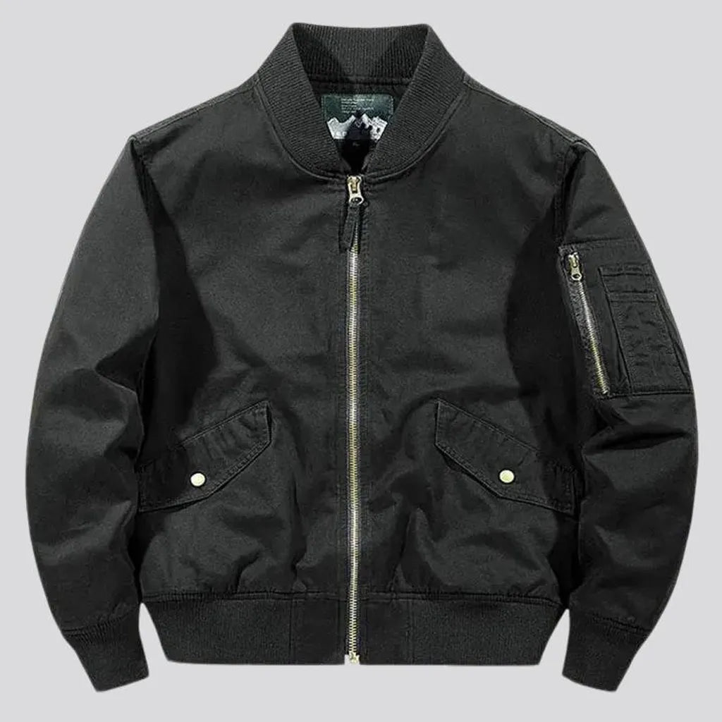 Medium length rubber hem men's jean bomber jacket