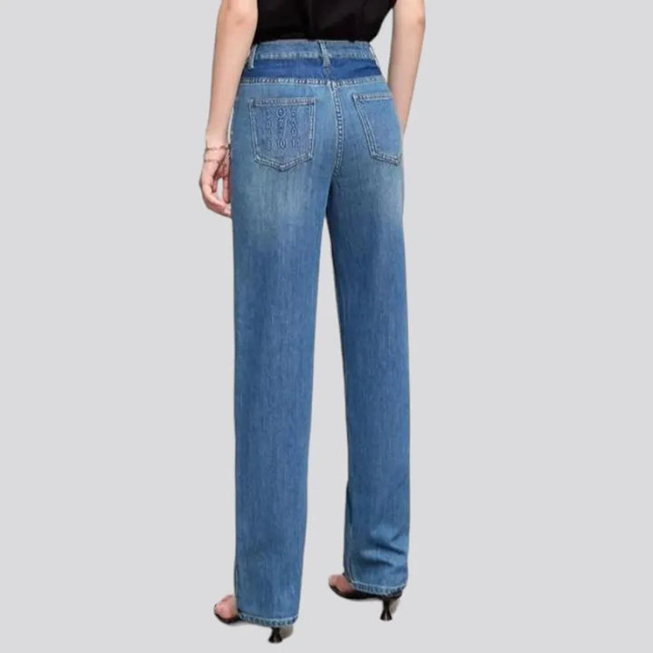straight, medium-wash, back-pocket-embroidery, sanded, high-waist, zipper-button, women's jeans | Jeans4you.shop