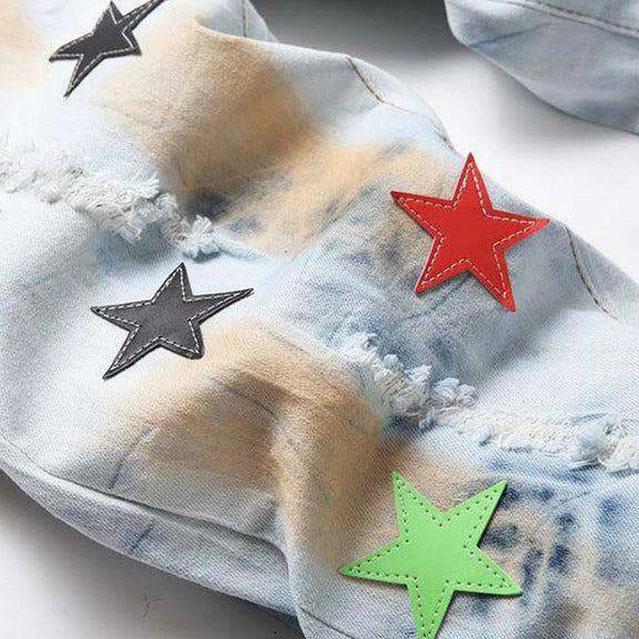 Color stars embroidery ripped jeans