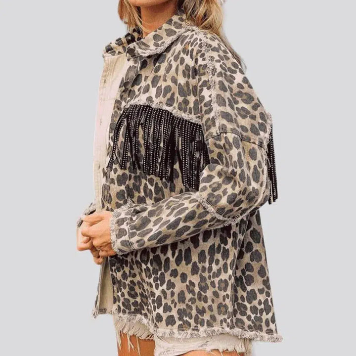 Leopard-print women's denim jacket