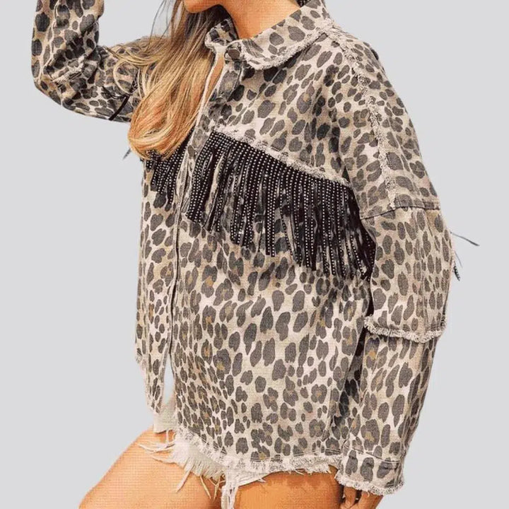 Leopard-print women's denim jacket