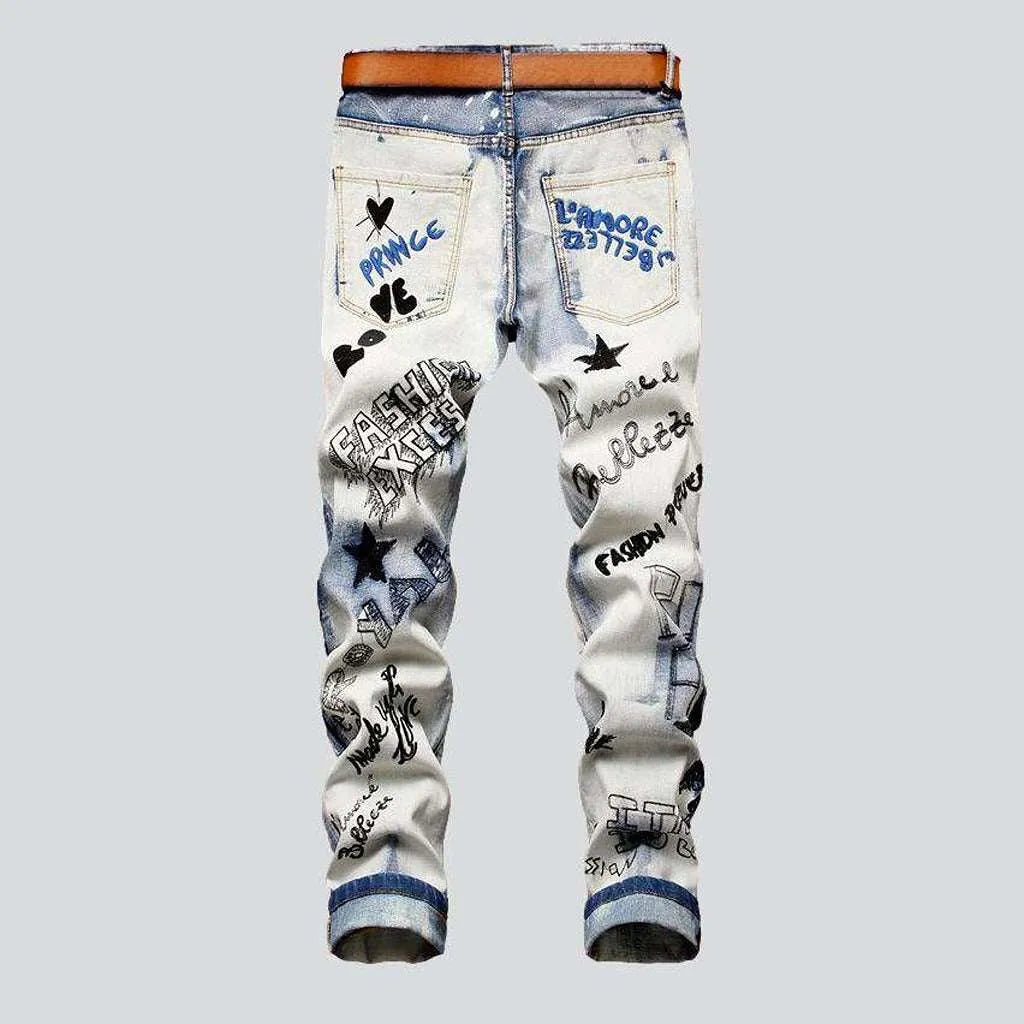 Letters embroidery trendy men's jeans
