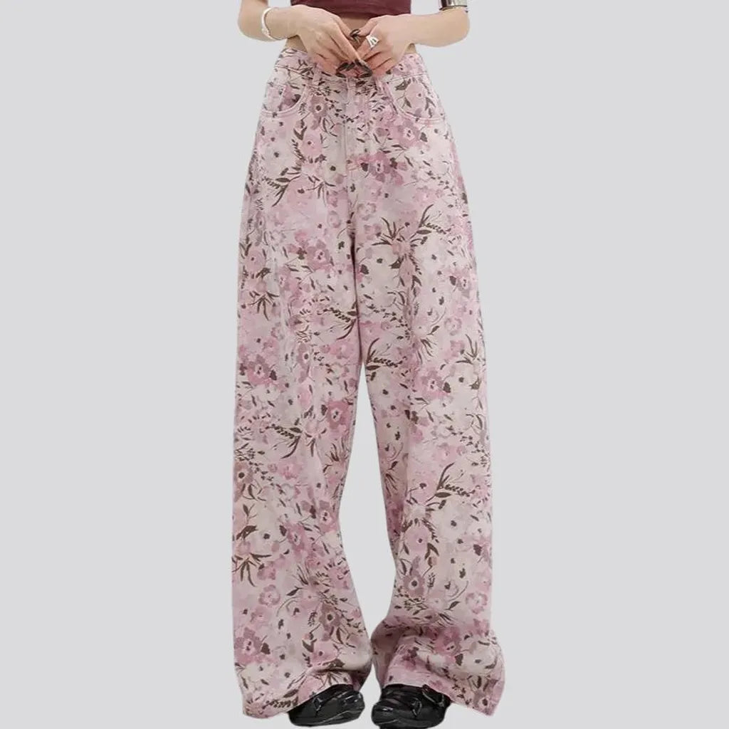 Fashionable painted floral baggy denim for women