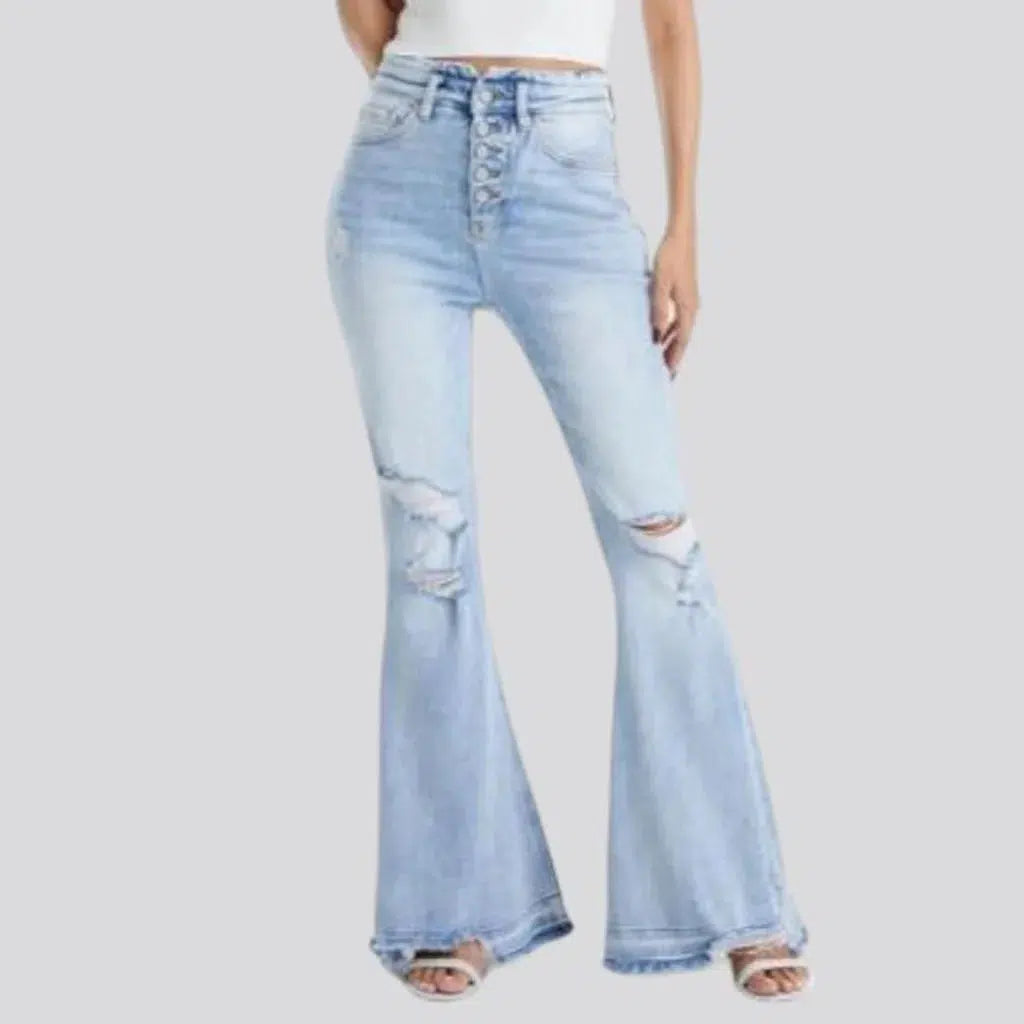 bootcut, distressed, light-wash, sanded, whiskered, raw-hem, high-waist, zipper-button, 5-pocket, women's jeans | Jeans4you.shop