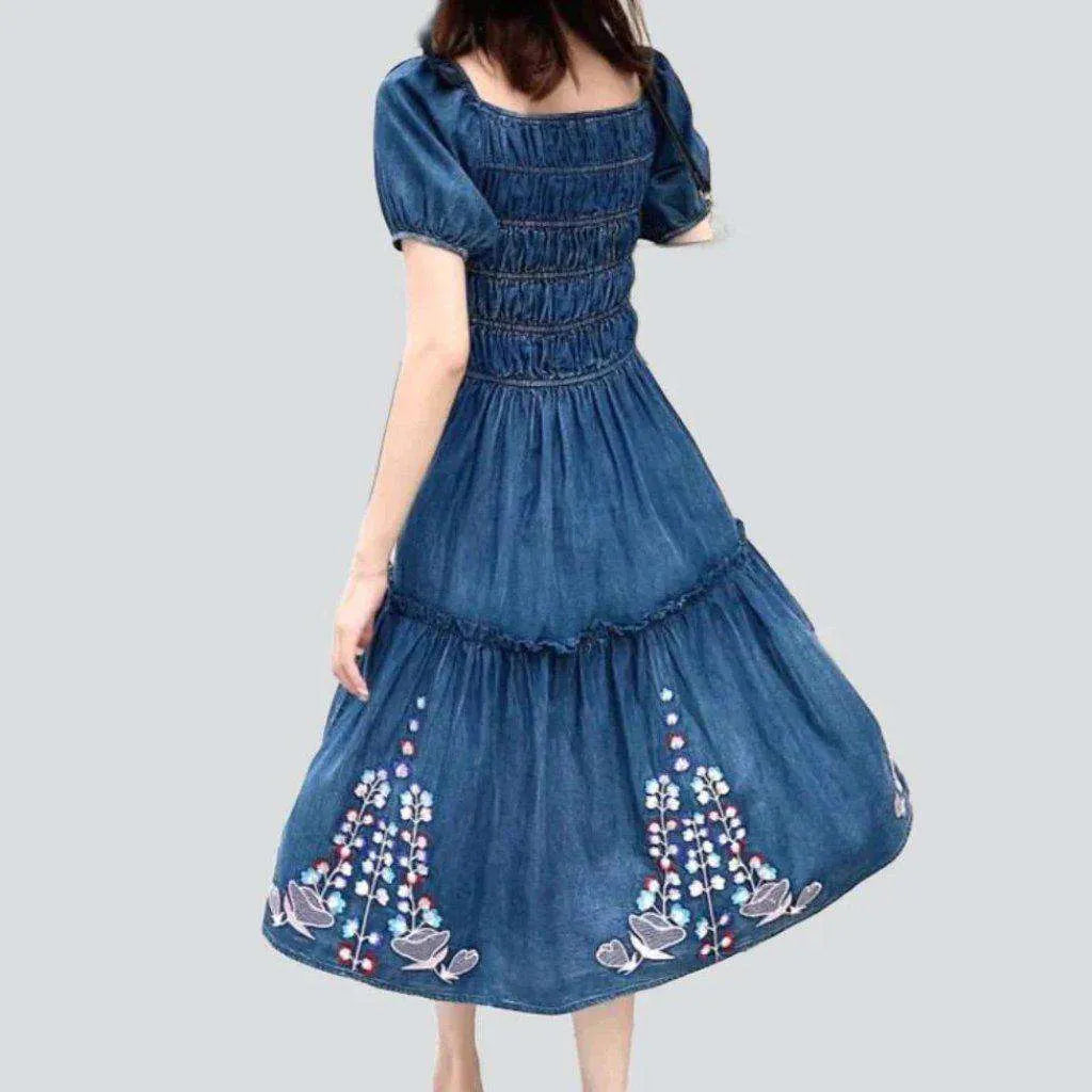 Pleated embroidered midi denim dress