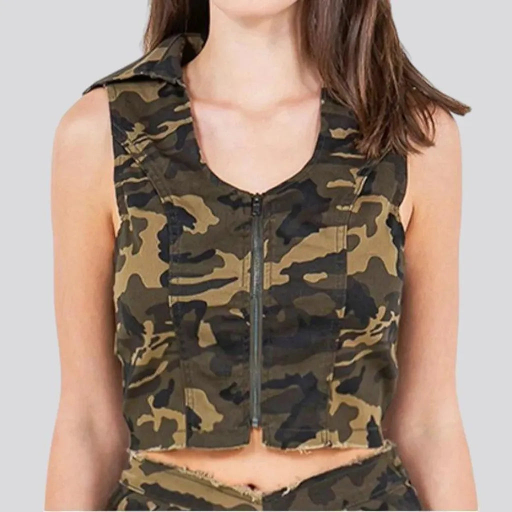 Stylish camouflage crop denim vest for women