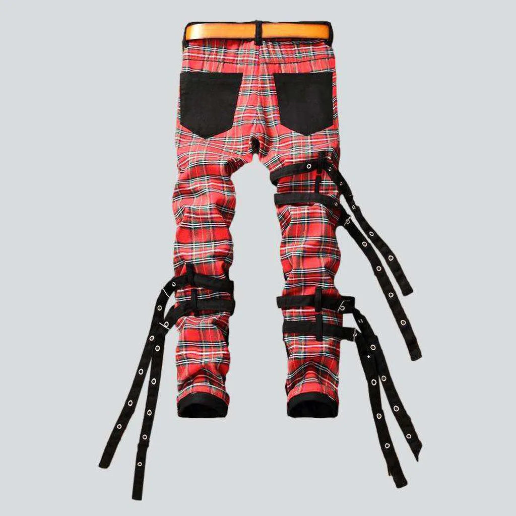 Red checkered patchwork men's jeans