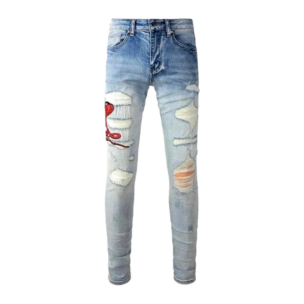 Sanded Embroidered Skinny Red-cobra Men's Jeans - Blue