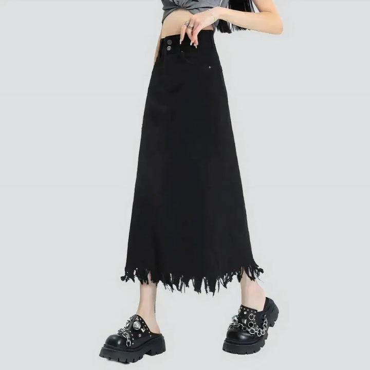 Distressed raw-hem high-waist jean skirt
 for ladies