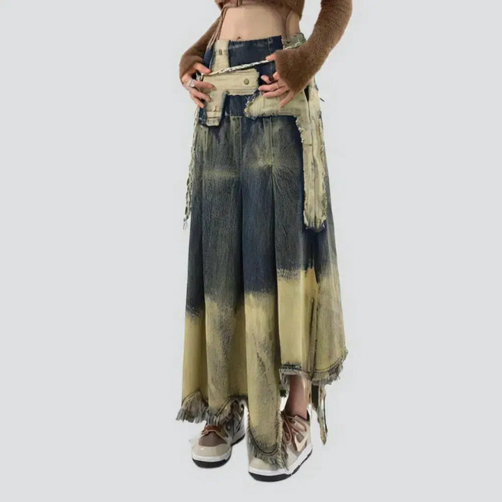 Dip-dyed embroidered jeans skirt
 for ladies