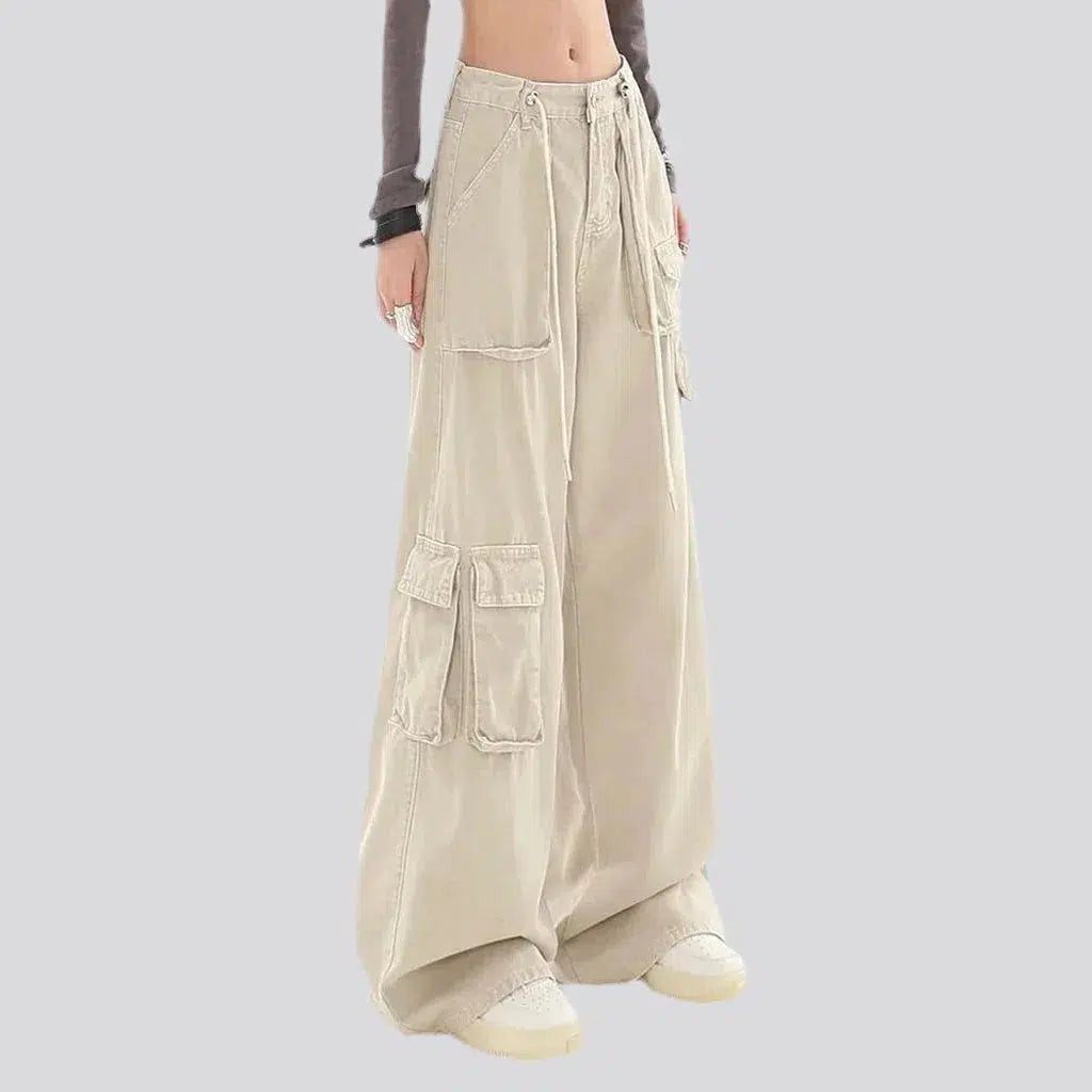 baggy, color, sand hue, floor-length, high-waist, cargo-pocket, zipper-button-drawstrings, women's jeans | Jeans4you.shop