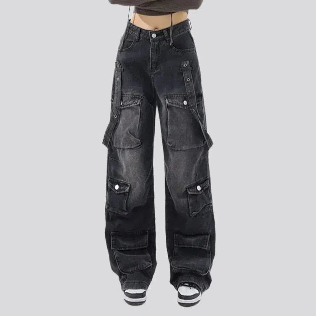 baggy, vintage, gothic, voluminous pockets, black, sanded, floor-length, high-waist, cargo-pocket, zipper-button, women's jeans | Jeans4you.shop