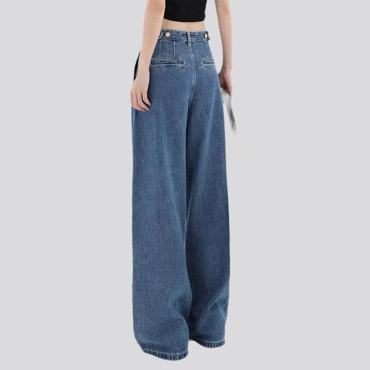 baggy, medium wash, pleated-waistline, adjustable-waistband, high-waist, diagonal-pocket, zipper-button, women's jeans | Jeans4you.shop