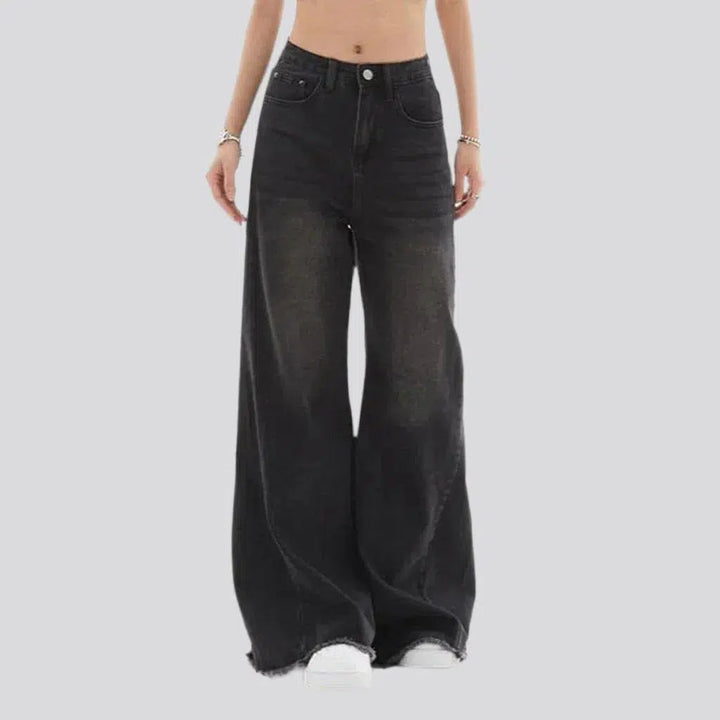 baggy, vintage, black, sanded, floor-length, high-waist, 5-pocket, zipper-button, women's jeans | Jeans4you.shop