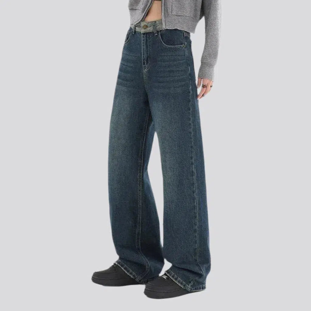 baggy, dark wash, sanded, whiskered, patched grey back pocket, high-waist, 5-pocket, zipper-button, women's jeans | Jeans4you.shop