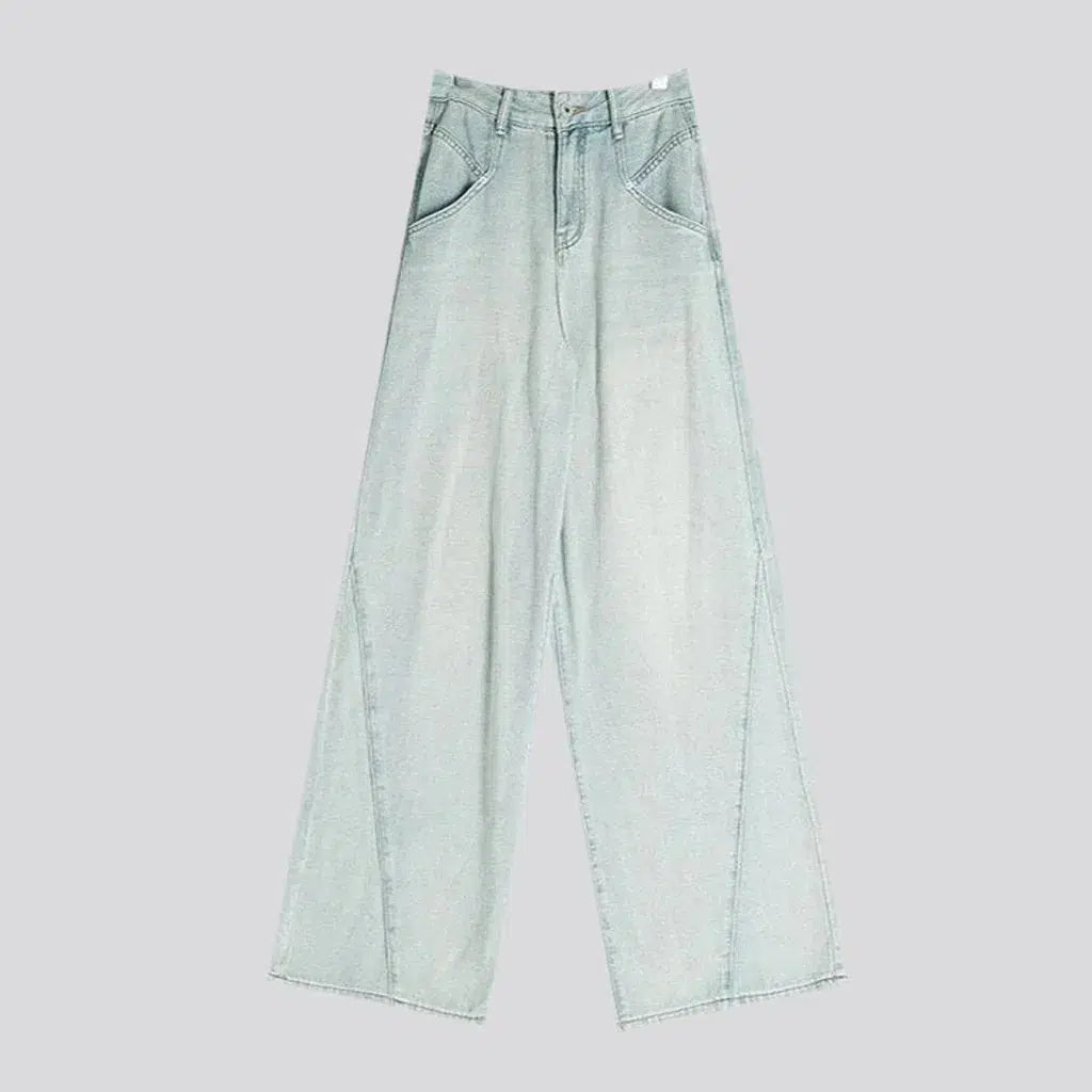 baggy, bleached, diagonal leg stitching, floor-length, high-waist, diagonal-pocket, zipper-button, women's jeans | Jeans4you.shop