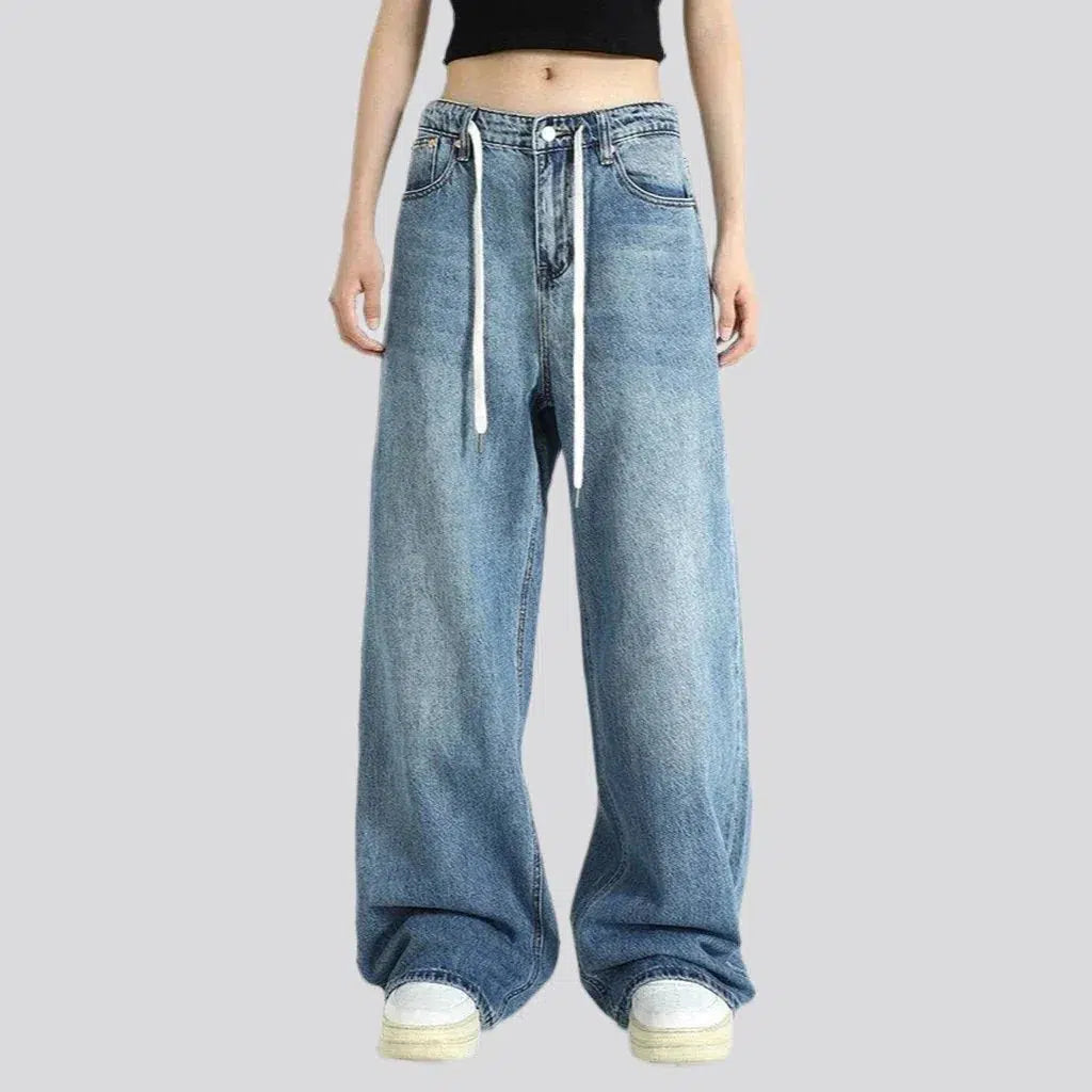baggy, medium wash, sanded, whiskered, floor-length, high-waist, 5-pocket, zipper-button-drawstrings, women's jeans | Jeans4you.shop