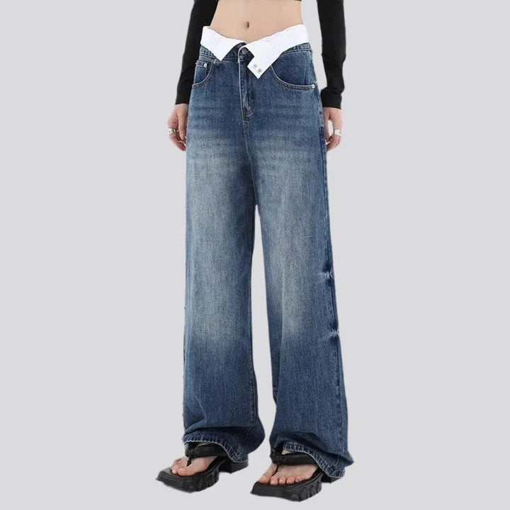 baggy, medium wash, sanded, whiskered, white collar waistband, floor-length, high-waist, 5-pocket, zipper-button, women's jeans | Jeans4you.shop
