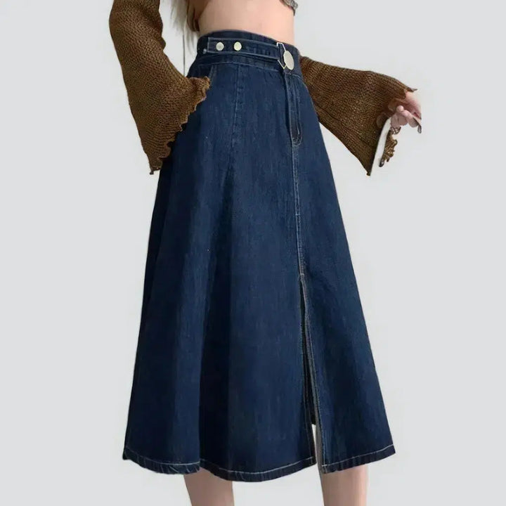 Midi front-slit denim skirt