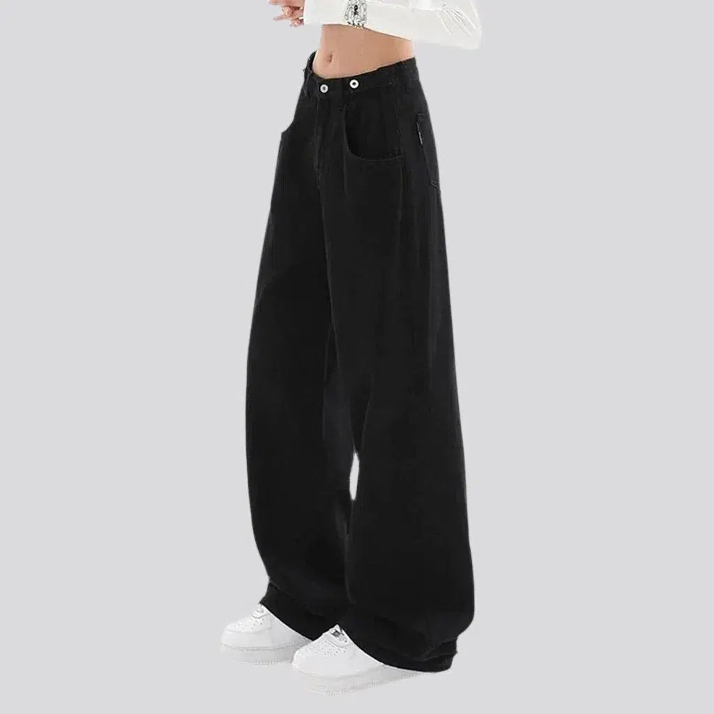 baggy, monochrome, black, adjustable waistline, floor-length, high-waist, zipper-button, women's jeans | Jeans4you.shop
