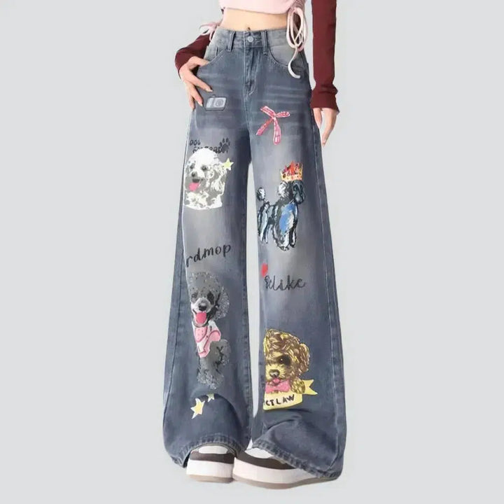 Mid-waist cartoon print jeans
 for ladies