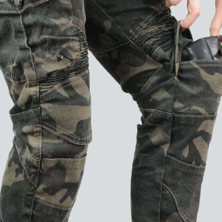 Camouflage khaki women's biker jeans