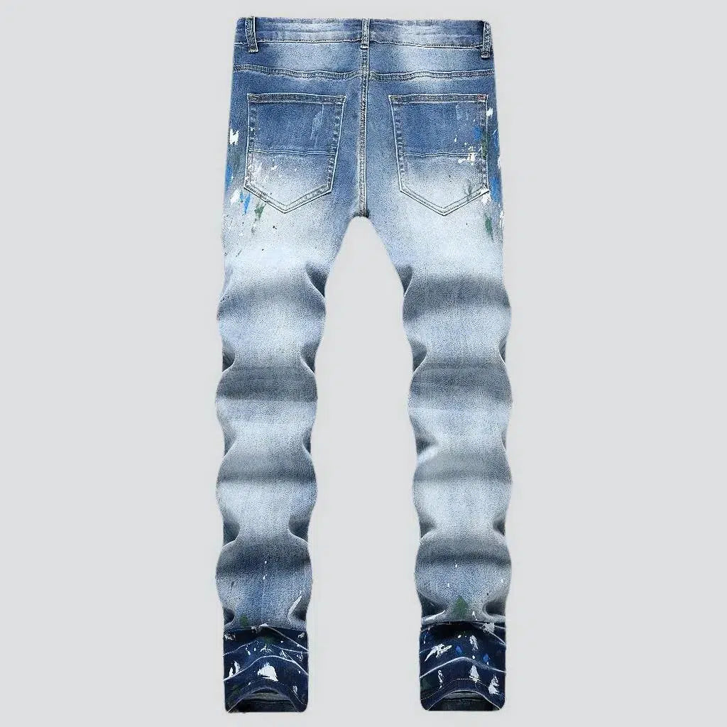 Painted-patches men's sanded jeans