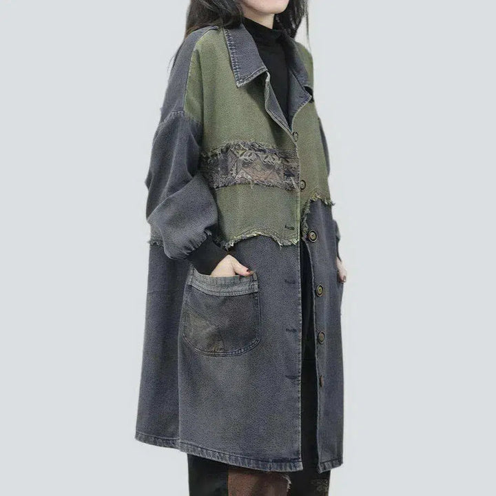 Patchwork dark women's denim coat