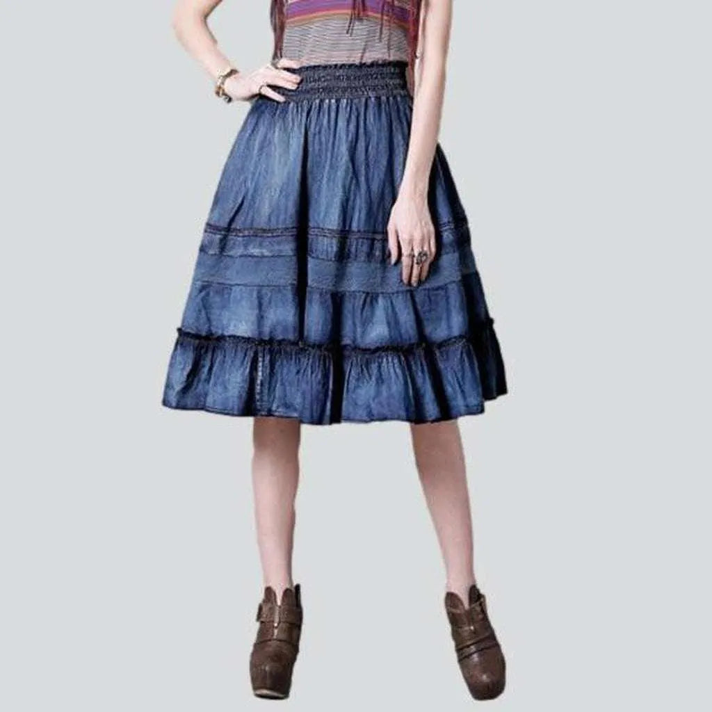 Midi frills women's denim skirt