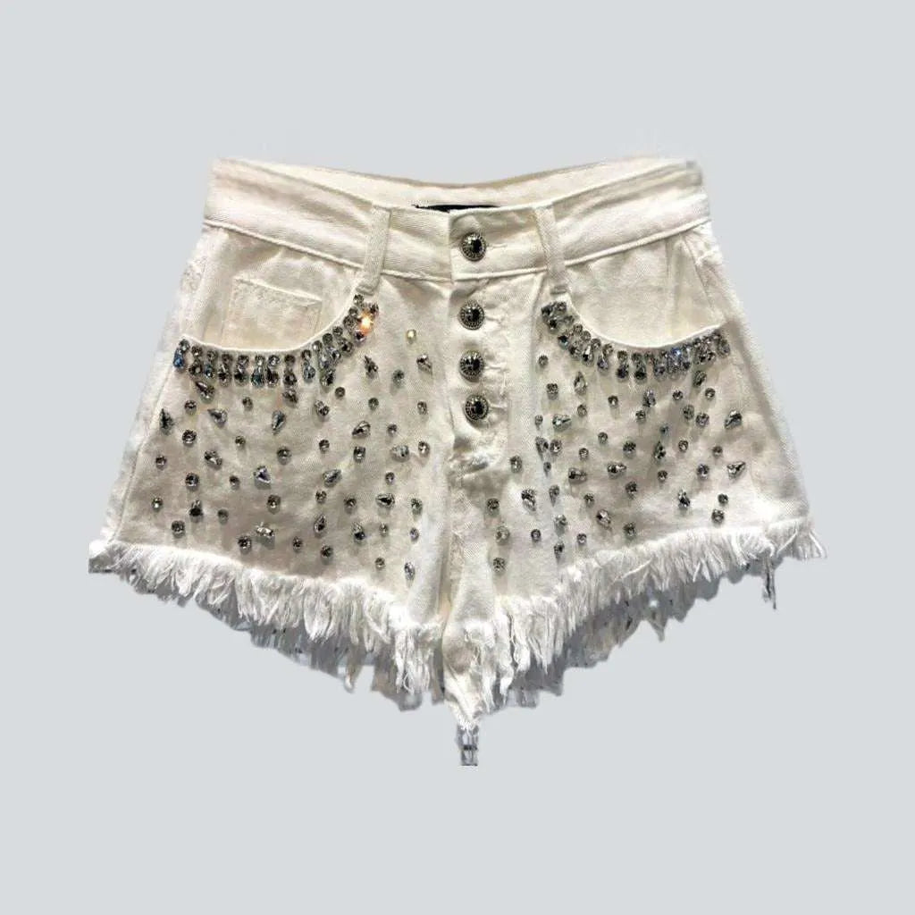 Diamond rhinestone distressed denim shorts