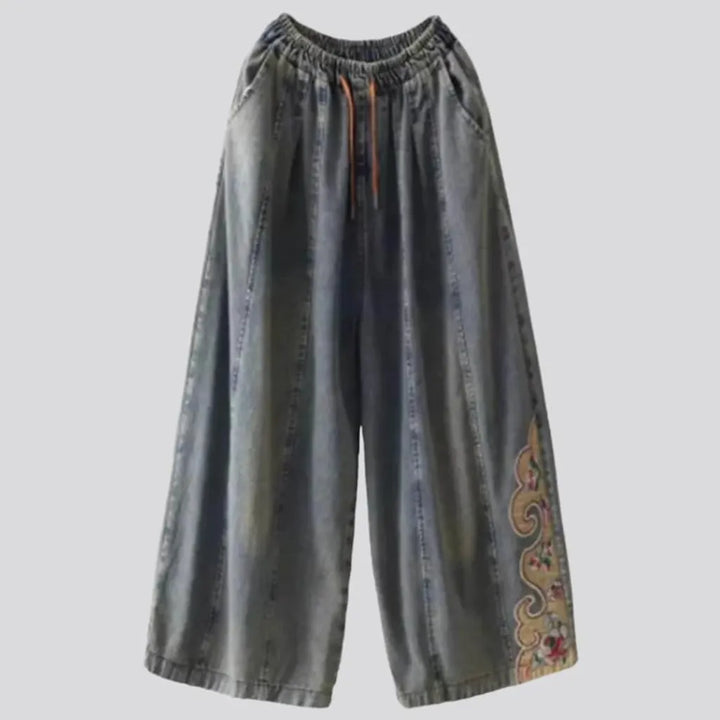 High-waist embroidered denim pants
 for women