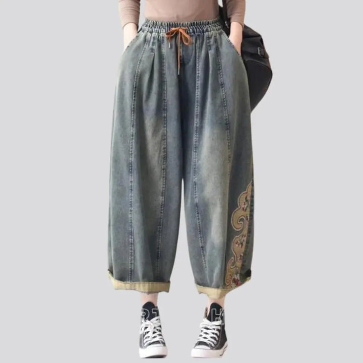 High-waist embroidered denim pants
 for women