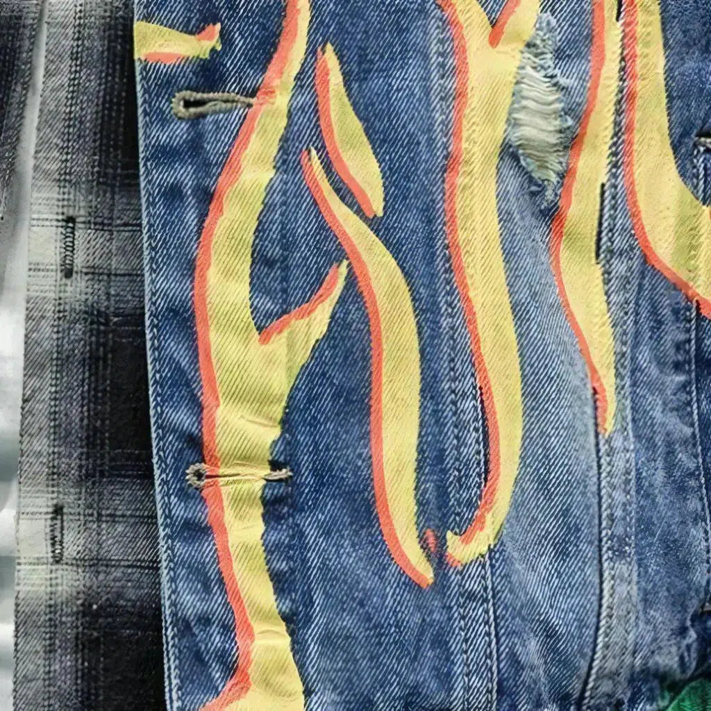 Flame-print men's denim jacket